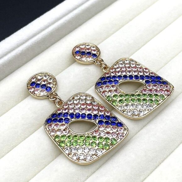 Yellow Gold with Multicolor Crystal Geometric Retro Drop Post Back Earrings - Picture 3 of 8